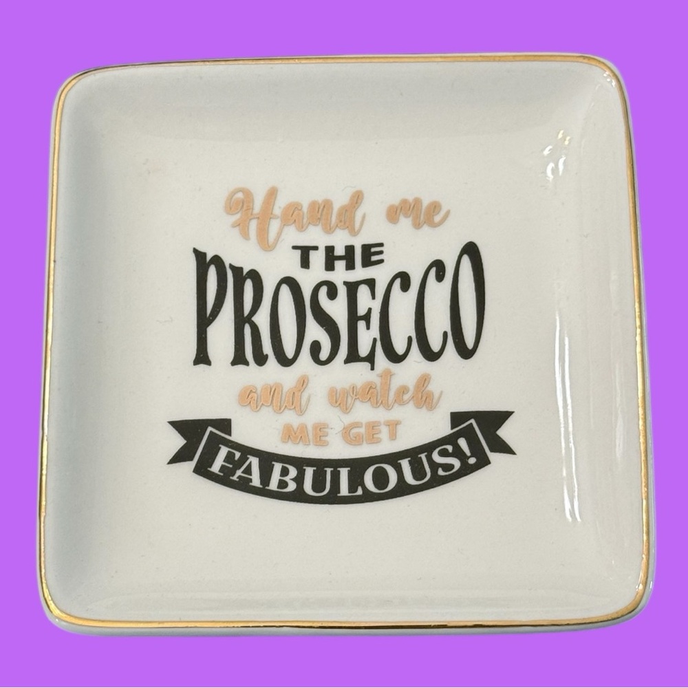 NWT White Ceramic Trinket/Jewelry/Keys Dish With Gold & Black Prosecco 🍾